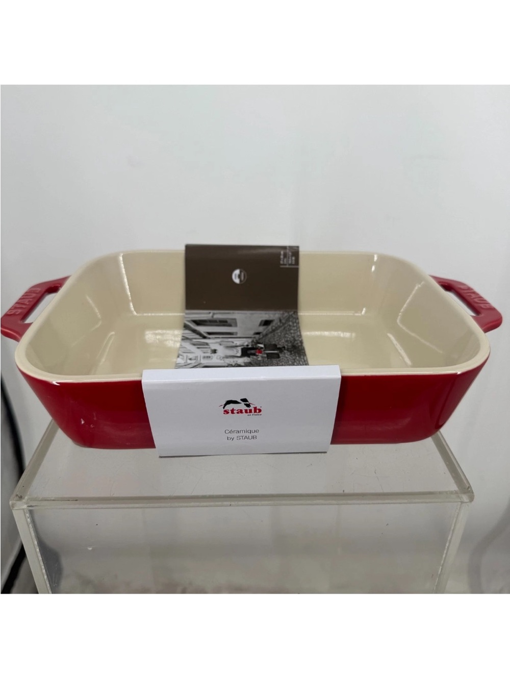 Staub Red Ceramic Rectangular Gratin Dish with Cream Interior